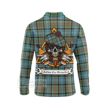 Cathcart Tartan Long Sleeve Polo Shirt with Family Crest and Bearded Skull Holding Bottles of Whiskey