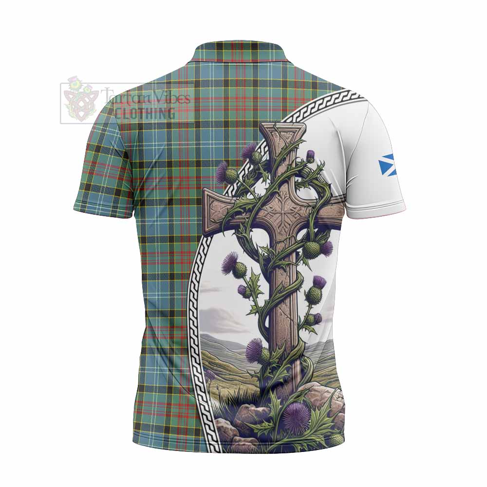 Tartan Vibes Clothing Cathcart Tartan Zipper Polo Shirt with Family Crest and St. Andrew's Cross Accented by Thistle Vines