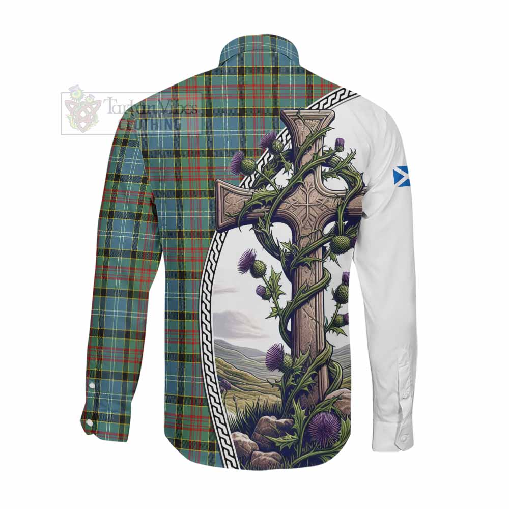 Tartan Vibes Clothing Cathcart Tartan Long Sleeve Button Shirt with Family Crest and St. Andrew's Cross Accented by Thistle Vines