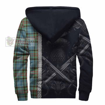 Cathcart Tartan Sherpa Hoodie with Family Crest Cross Sword Thistle Celtic Vibes