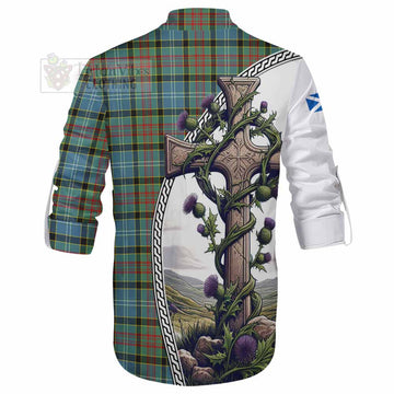 Cathcart Tartan Ghillie Kilt Shirt with Family Crest and St. Andrew's Cross Accented by Thistle Vines