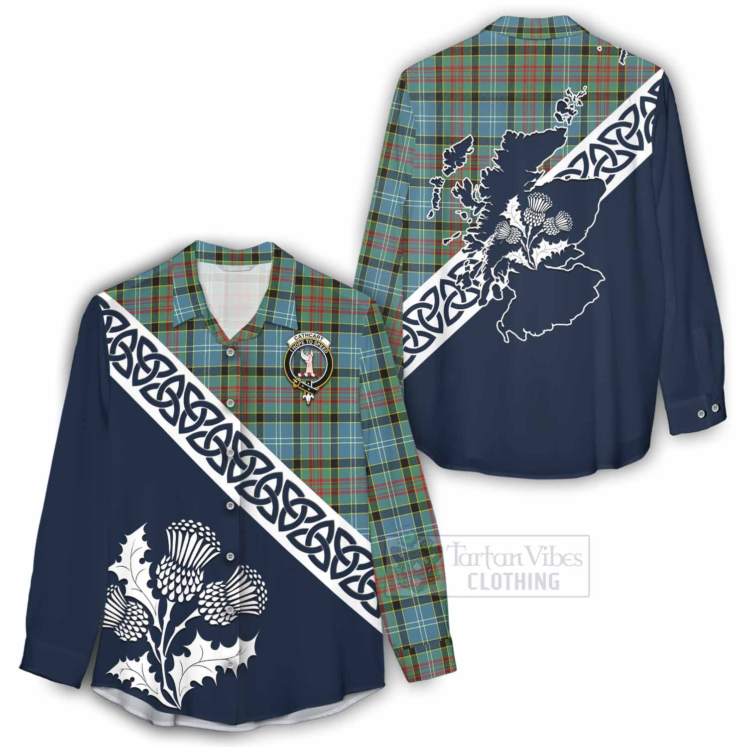 Tartan Vibes Clothing Cathcart Tartan Women's Casual Shirt Featuring Thistle and Scotland Map