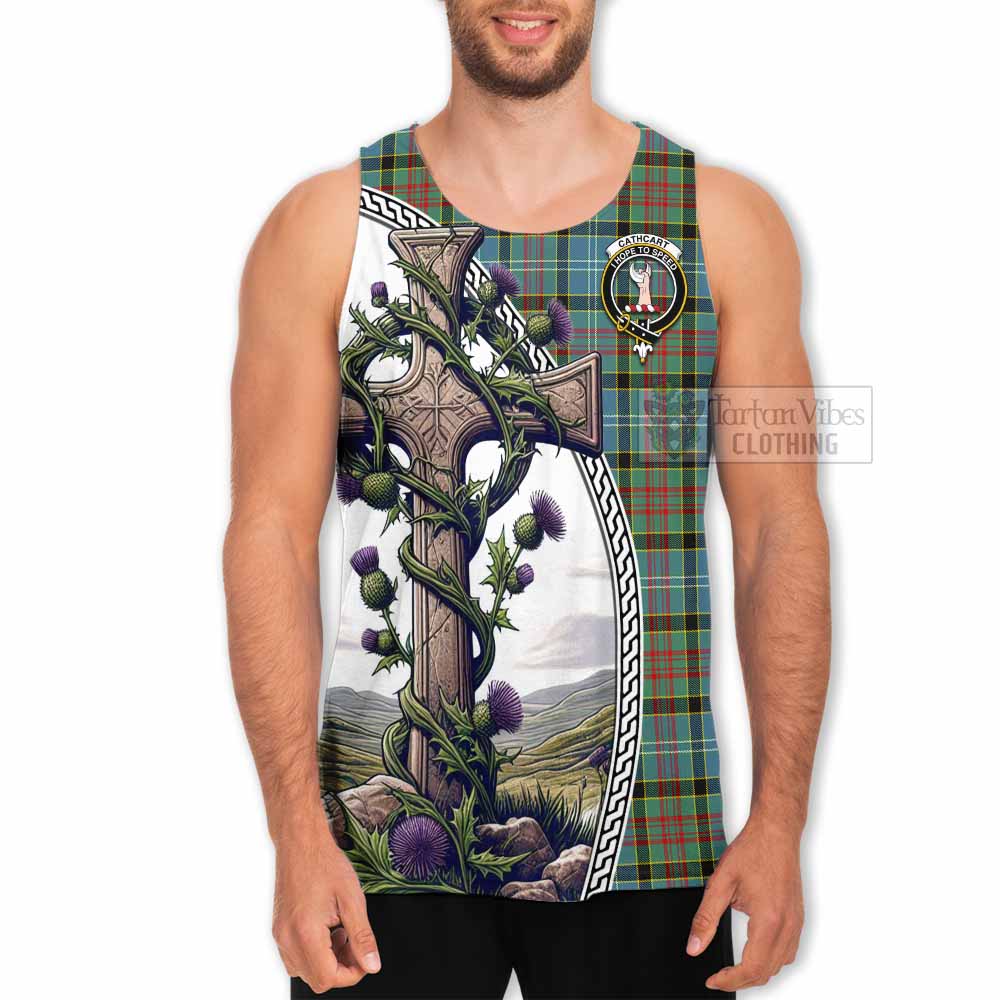 Tartan Vibes Clothing Cathcart Tartan Men's Tank Top with Family Crest and St. Andrew's Cross Accented by Thistle Vines