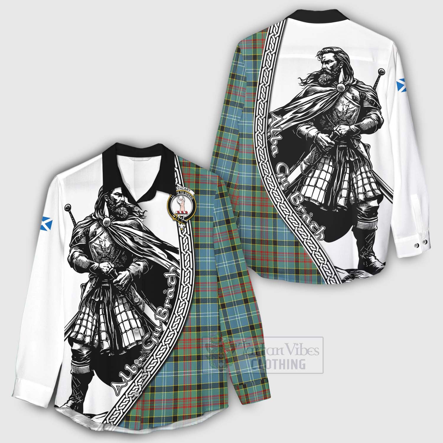 Tartan Vibes Clothing Cathcart Tartan Clan Crest Women's Casual Shirt with Highlander Warrior Celtic Style