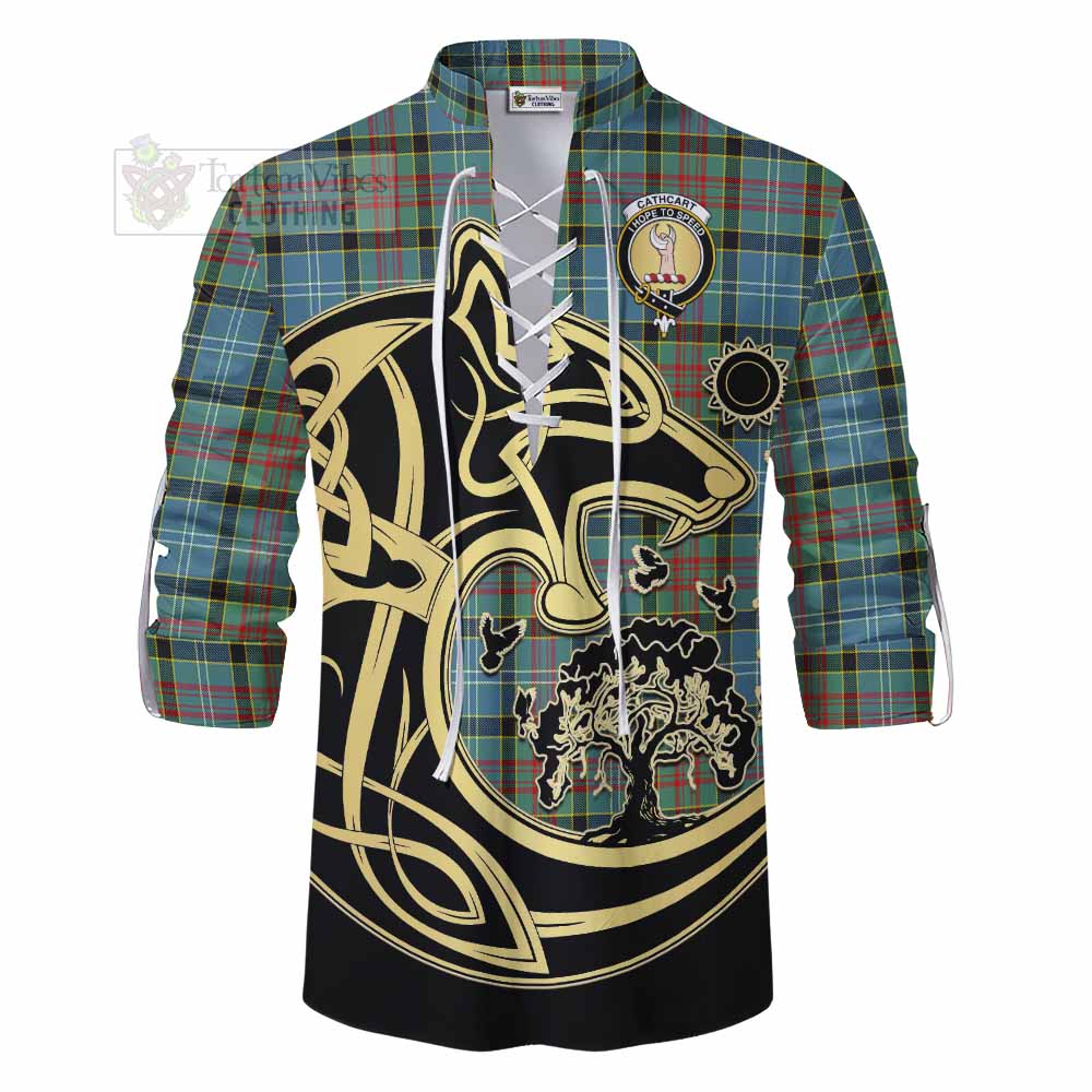 Tartan Vibes Clothing Cathcart Tartan Ghillie Kilt Shirt with Family Crest Celtic Wolf Style