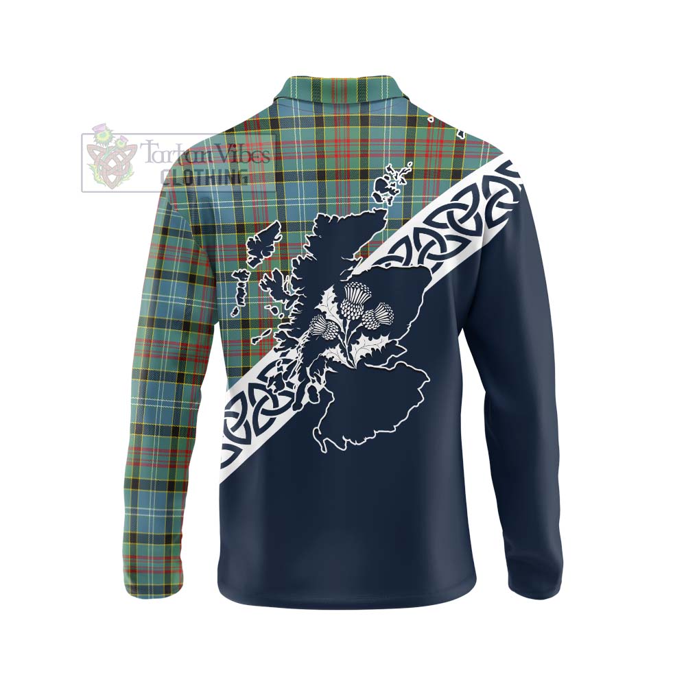 Tartan Vibes Clothing Cathcart Tartan Long Sleeve Polo Shirt Featuring Thistle and Scotland Map