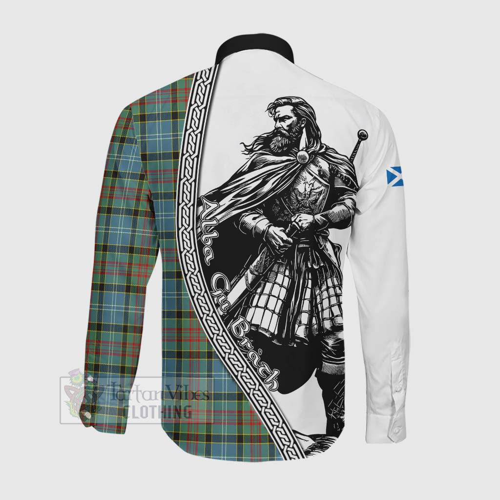 Tartan Vibes Clothing Cathcart Tartan Clan Crest Long Sleeve Button Shirt with Highlander Warrior Celtic Style