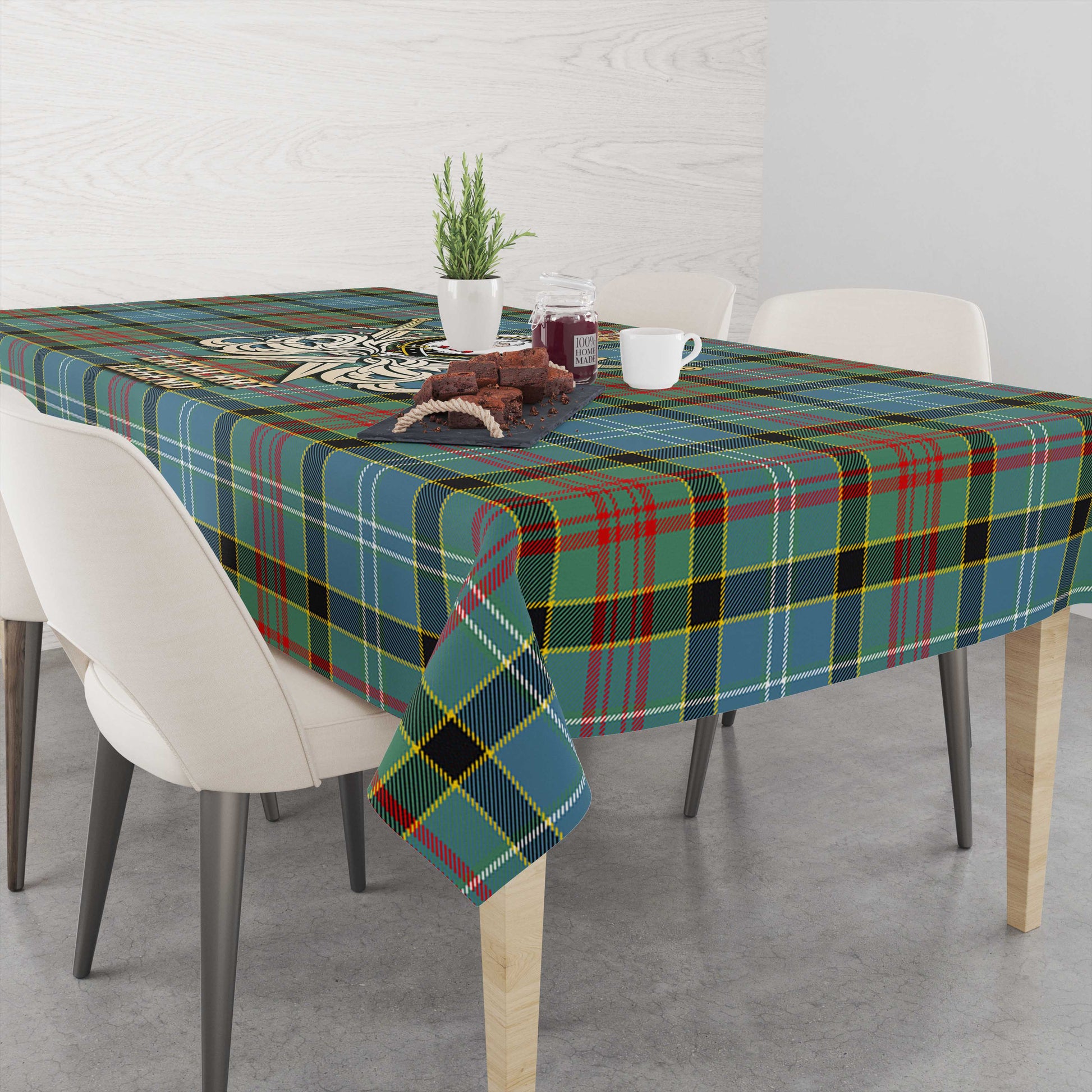 Tartan Vibes Clothing Cathcart Tartan Tablecloth with Clan Crest and the Golden Sword of Courageous Legacy