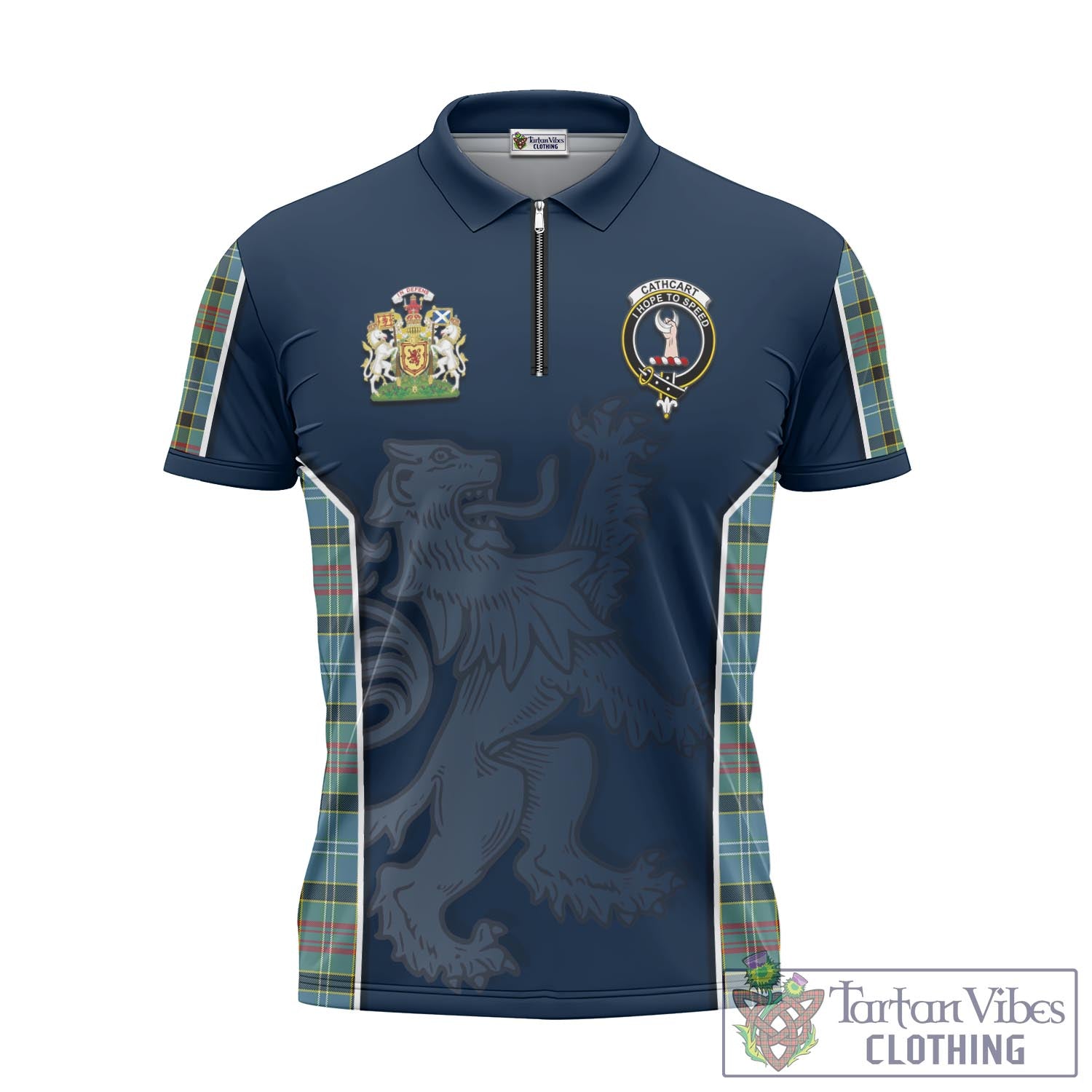 Tartan Vibes Clothing Cathcart Tartan Zipper Polo Shirt with Family Crest and Lion Rampant Vibes Sport Style