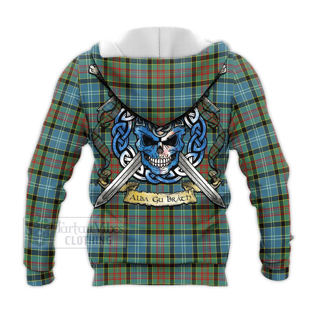 Tartan Vibes Clothing Cathcart Tartan Knitted Hoodie with Family Crest Celtic Skull Style