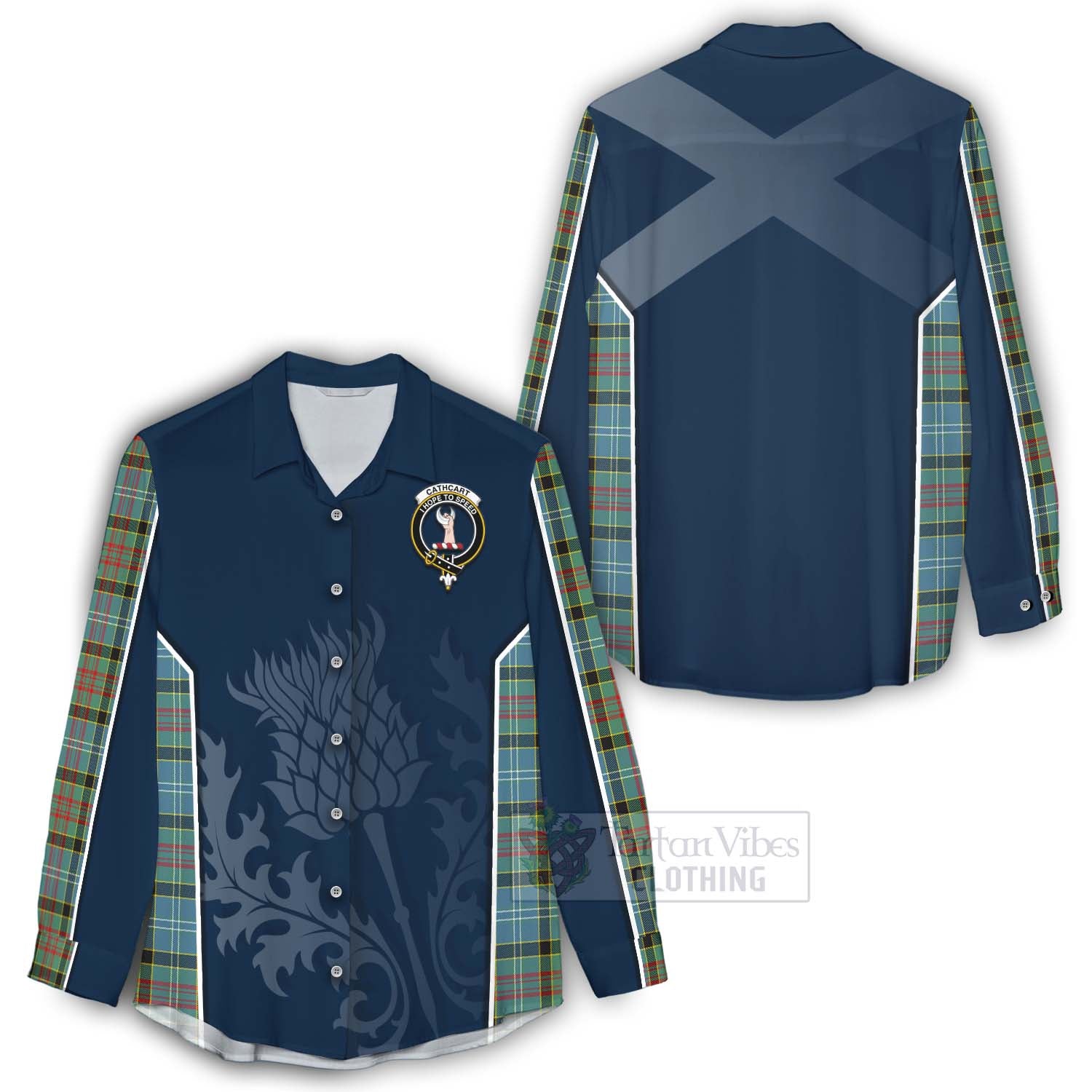 Tartan Vibes Clothing Cathcart Tartan Women's Casual Shirt with Family Crest and Scottish Thistle Vibes Sport Style