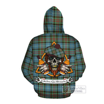 Cathcart Tartan Cotton Hoodie with Family Crest and Bearded Skull Holding Bottles of Whiskey