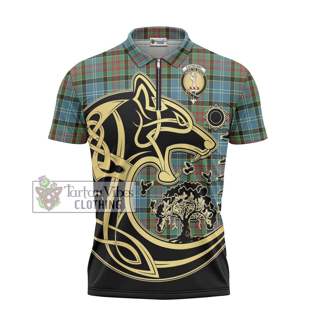 Cathcart Tartan Zipper Polo Shirt with Family Crest Celtic Wolf Style - Tartanvibesclothing Shop