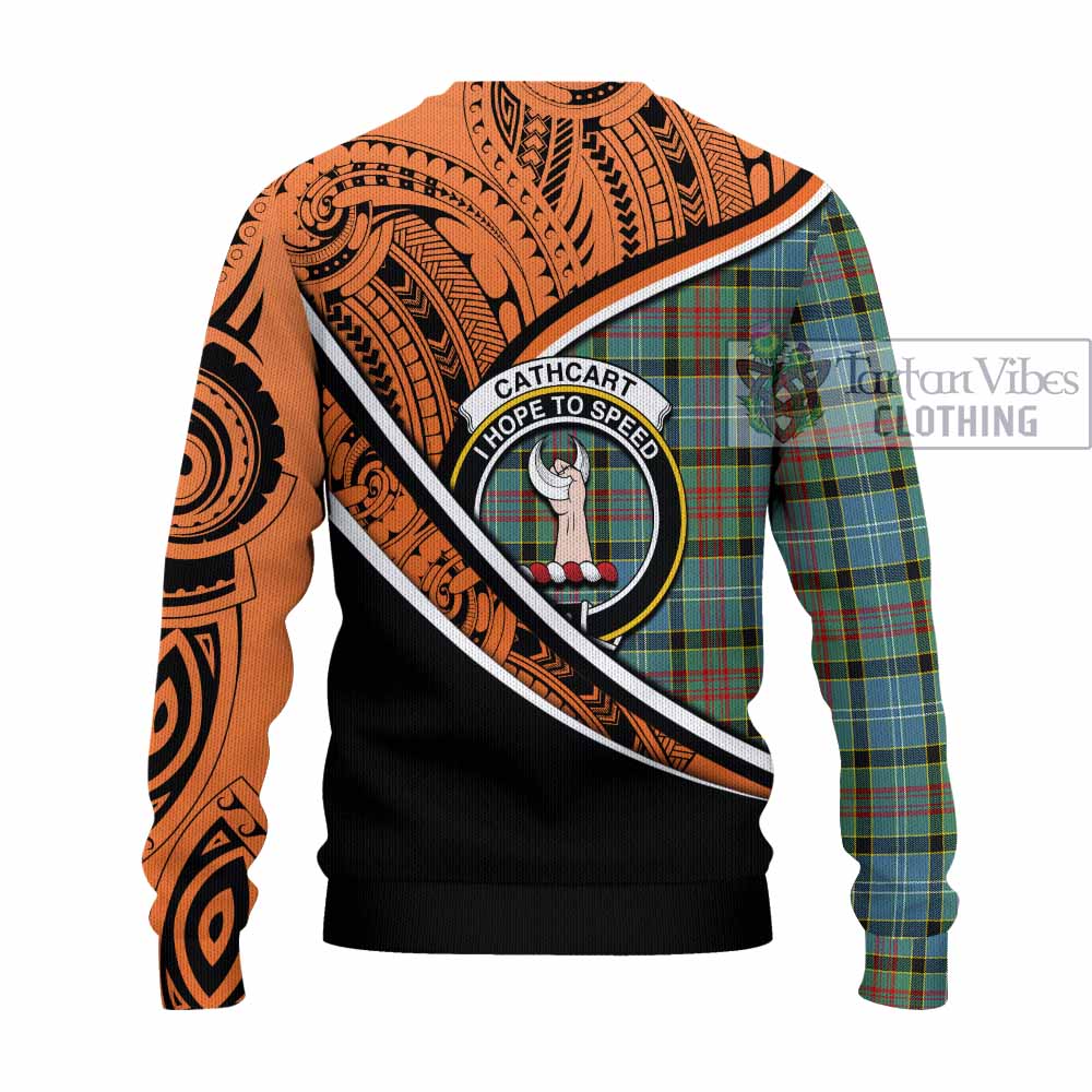 Tartan Vibes Clothing Cathcart Crest Tartan Knitted Sweater with Maori Tattoo Style - Orange Version