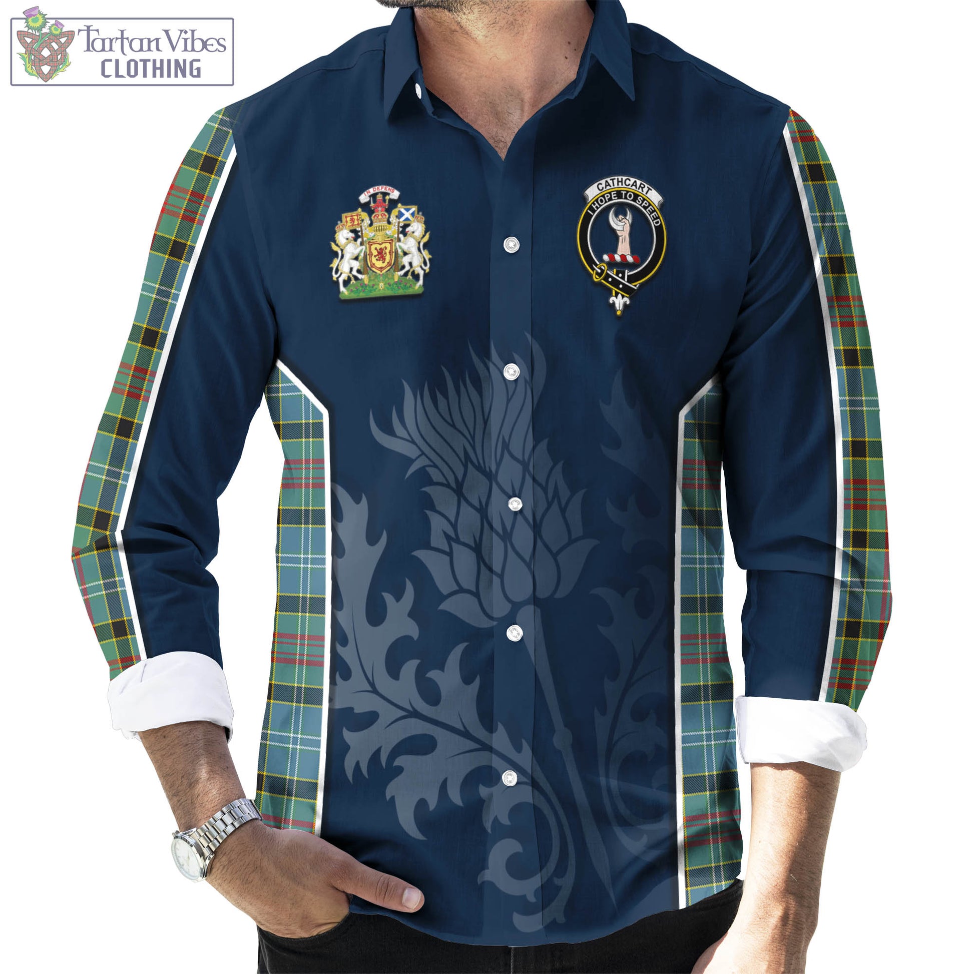 Tartan Vibes Clothing Cathcart Tartan Long Sleeve Button Up Shirt with Family Crest and Scottish Thistle Vibes Sport Style