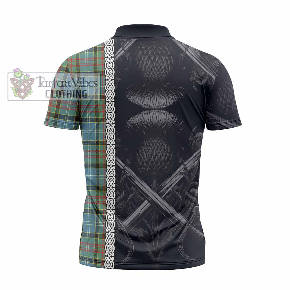 Tartan Vibes Clothing Cathcart Tartan Zipper Polo Shirt with Family Crest Cross Sword Thistle Celtic Vibes