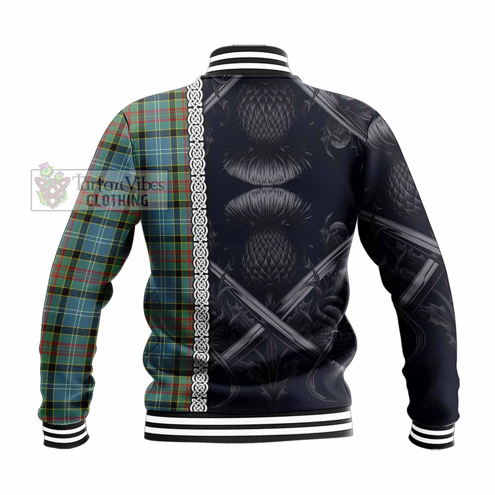 Tartan Vibes Clothing Cathcart Tartan Baseball Jacket with Family Crest Cross Sword Thistle Celtic Vibes