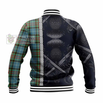 Cathcart Tartan Baseball Jacket with Family Crest Cross Sword Thistle Celtic Vibes