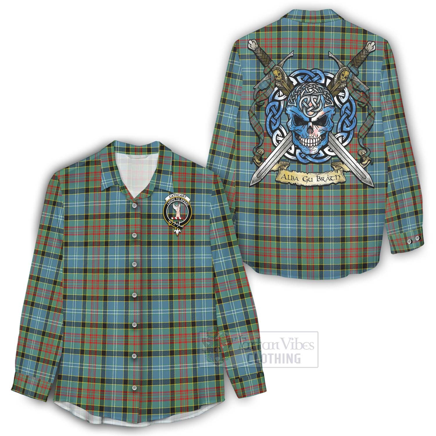 Tartan Vibes Clothing Cathcart Tartan Women's Casual Shirt with Family Crest Celtic Skull Style