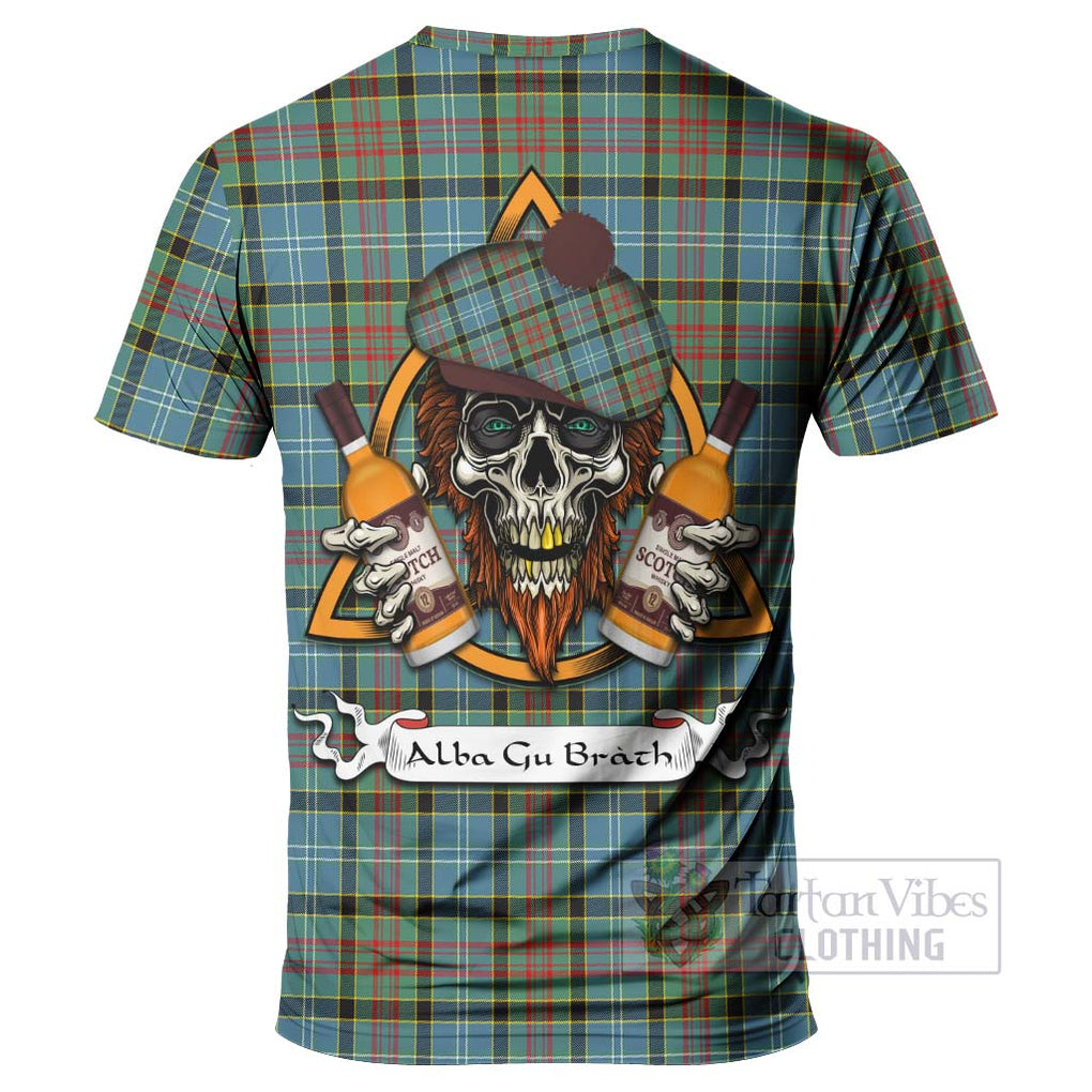 Tartan Vibes Clothing Cathcart Tartan T-Shirt with Family Crest and Bearded Skull Holding Bottles of Whiskey