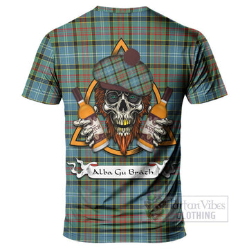 Cathcart Tartan T-Shirt with Family Crest and Bearded Skull Holding Bottles of Whiskey