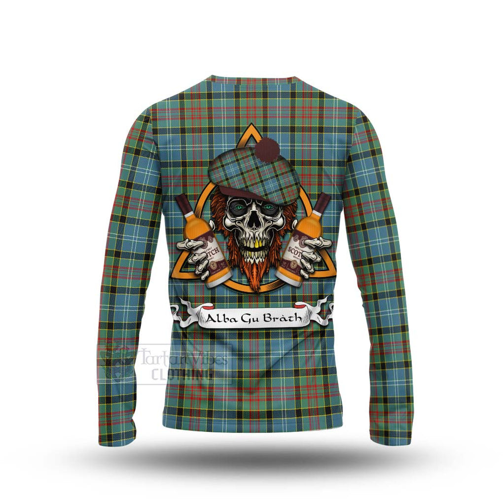 Tartan Vibes Clothing Cathcart Tartan Long Sleeve T-Shirt with Family Crest and Bearded Skull Holding Bottles of Whiskey