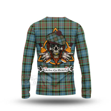 Cathcart Tartan Long Sleeve T-Shirt with Family Crest and Bearded Skull Holding Bottles of Whiskey