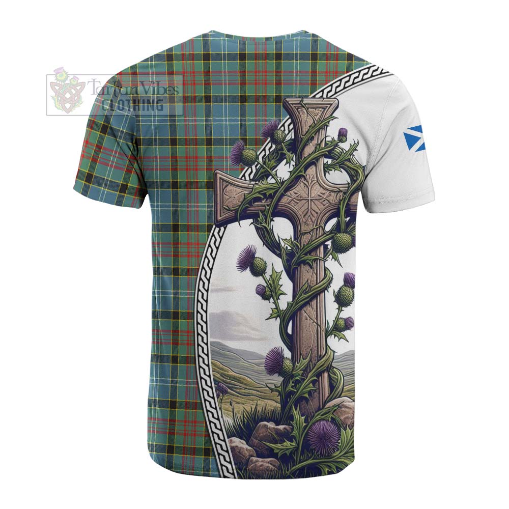 Tartan Vibes Clothing Cathcart Tartan Cotton T-shirt with Family Crest and St. Andrew's Cross Accented by Thistle Vines