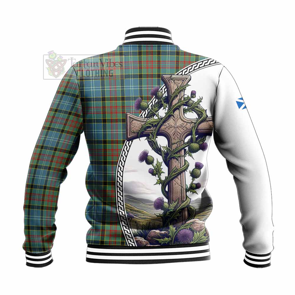 Tartan Vibes Clothing Cathcart Tartan Baseball Jacket with Family Crest and St. Andrew's Cross Accented by Thistle Vines