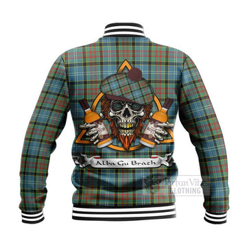 Cathcart Tartan Baseball Jacket with Family Crest and Bearded Skull Holding Bottles of Whiskey