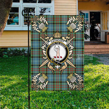 Cathcart Tartan Flag with Family Crest and Golden Thistle Crossed Sword Design