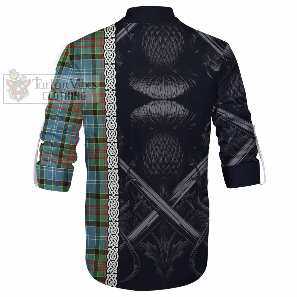 Tartan Vibes Clothing Cathcart Tartan Ghillie Kilt Shirt with Family Crest Cross Sword Thistle Celtic Vibes