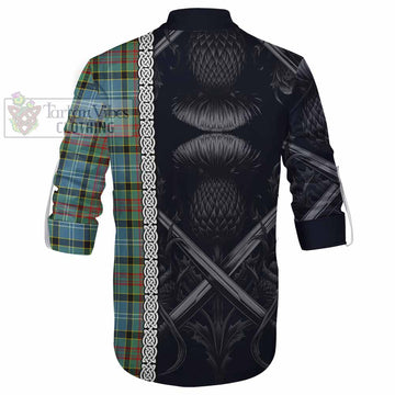 Cathcart Tartan Ghillie Kilt Shirt with Family Crest Cross Sword Thistle Celtic Vibes