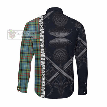 Cathcart Tartan Long Sleeve Button Shirt with Family Crest Cross Sword Thistle Celtic Vibes