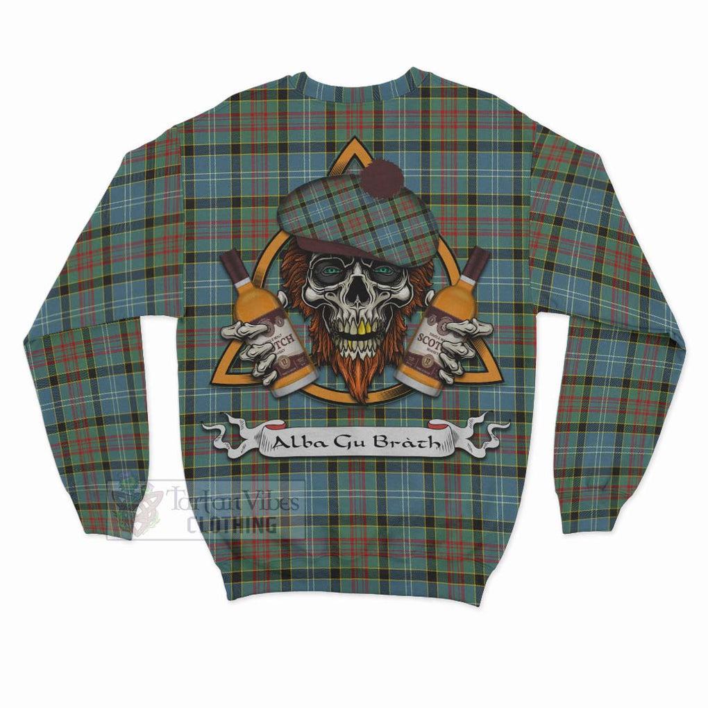 Tartan Vibes Clothing Cathcart Tartan Sweatshirt with Family Crest and Bearded Skull Holding Bottles of Whiskey