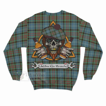 Cathcart Tartan Sweatshirt with Family Crest and Bearded Skull Holding Bottles of Whiskey