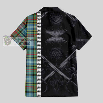 Cathcart Tartan Short Sleeve Button Shirt with Family Crest Cross Sword Thistle Celtic Vibes