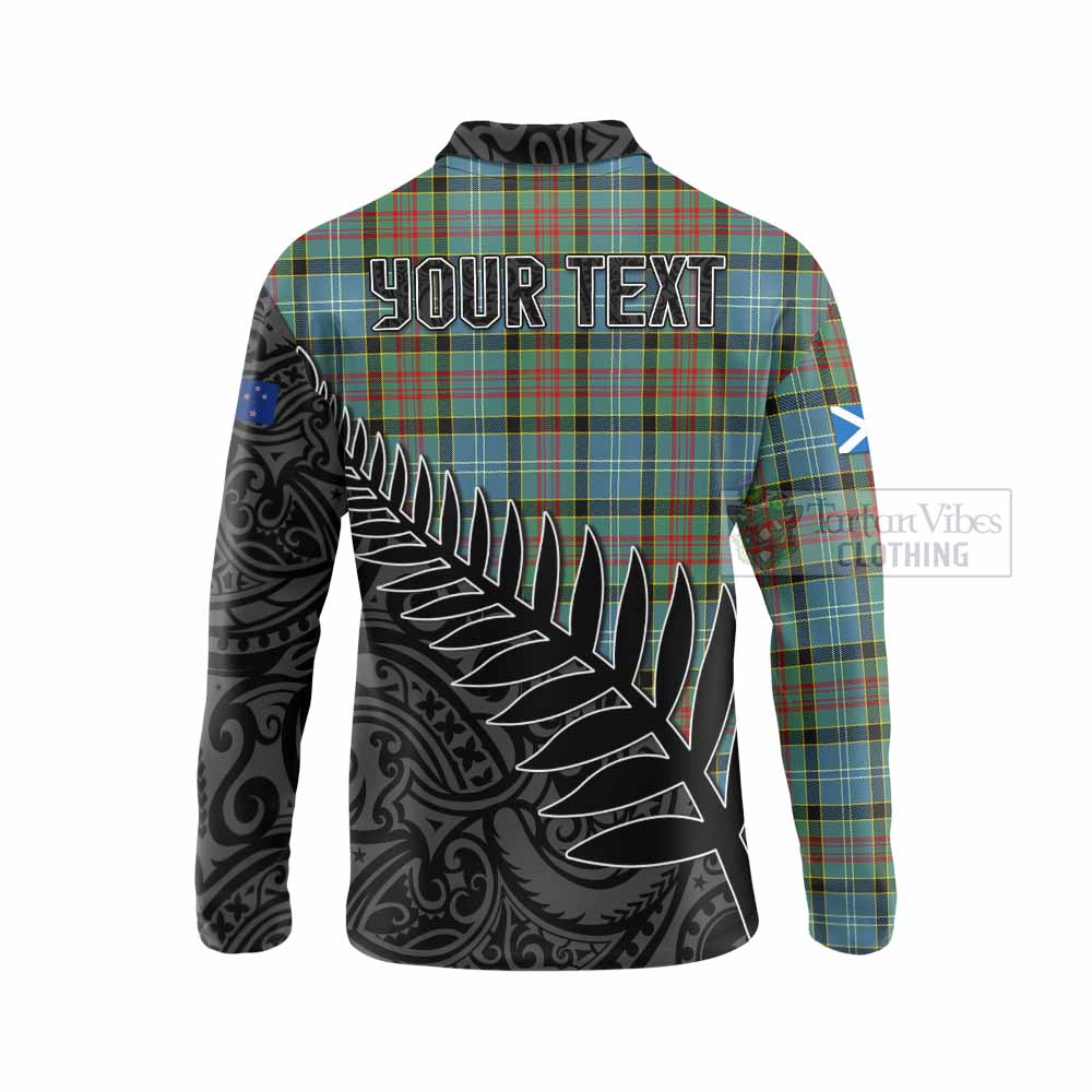 Tartan Vibes Clothing Cathcart Crest Tartan Long Sleeve Polo Shirt with New Zealand Silver Fern Half Style