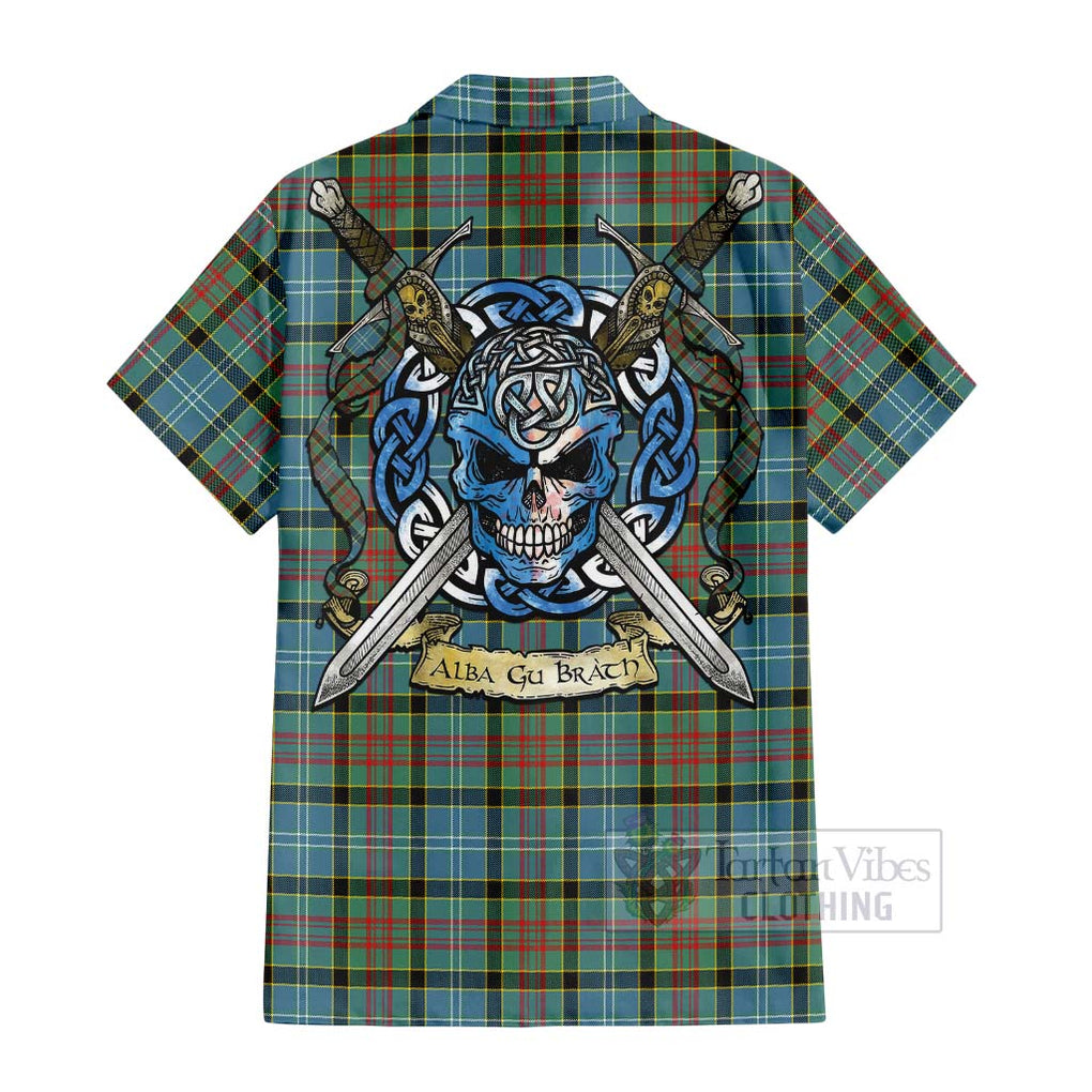 Tartan Vibes Clothing Cathcart Tartan Short Sleeve Button Shirt with Family Crest Celtic Skull Style