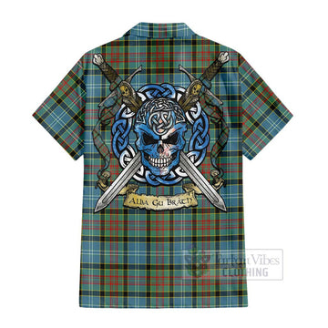 Cathcart Tartan Short Sleeve Button Shirt with Family Crest Celtic Skull Style