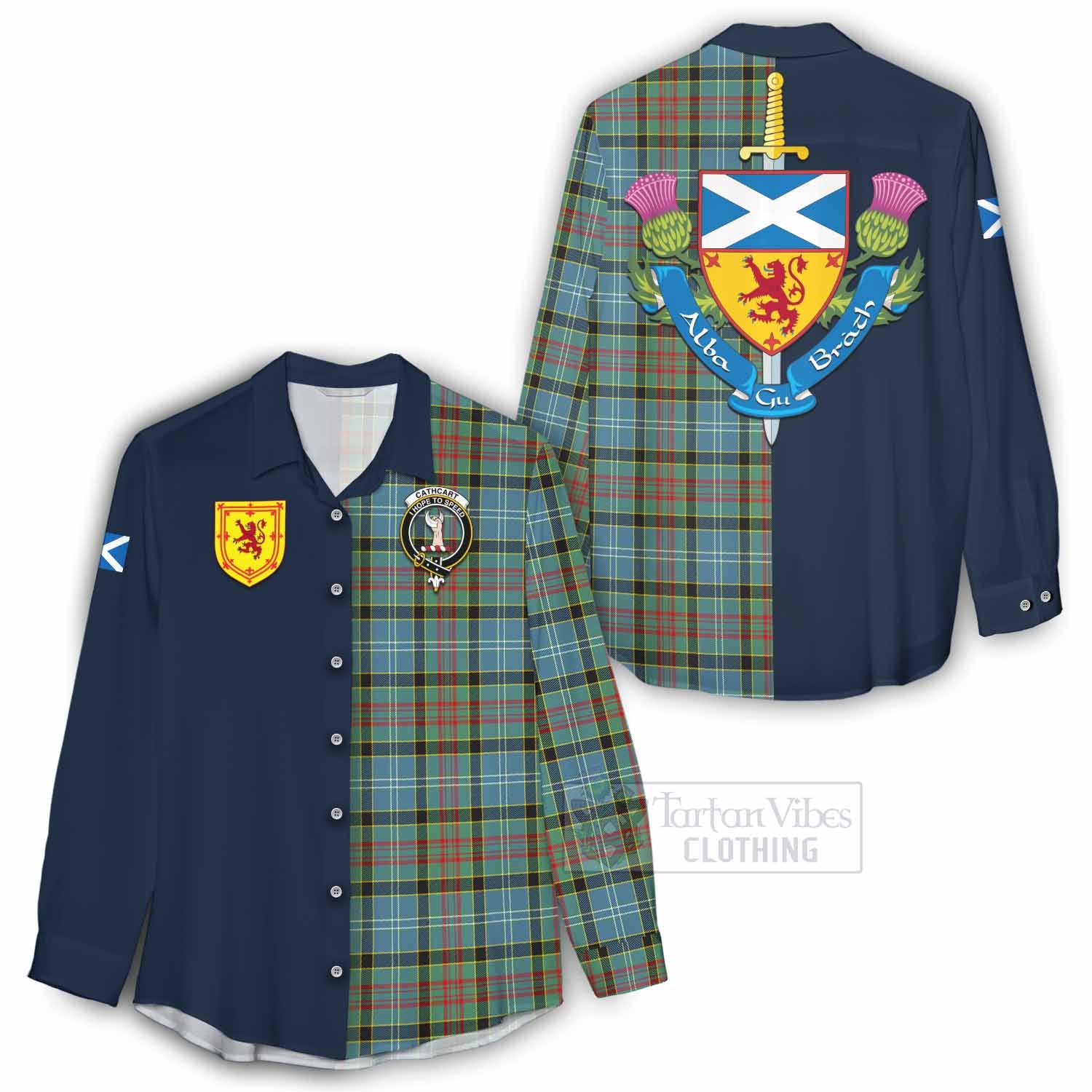 Tartan Vibes Clothing Cathcart Tartan Women's Casual Shirt Alba with Scottish Lion Royal Arm Half Style