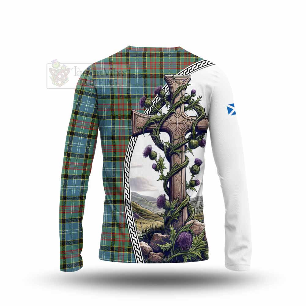 Tartan Vibes Clothing Cathcart Tartan Long Sleeve T-Shirt with Family Crest and St. Andrew's Cross Accented by Thistle Vines