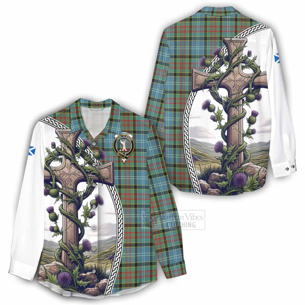 Tartan Vibes Clothing Cathcart Tartan Women's Casual Shirt with Family Crest and St. Andrew's Cross Accented by Thistle Vines