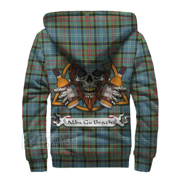 Cathcart Tartan Sherpa Hoodie with Family Crest and Bearded Skull Holding Bottles of Whiskey