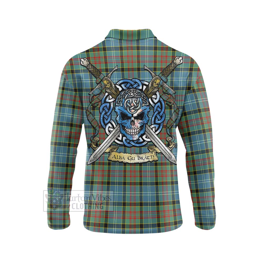 Tartan Vibes Clothing Cathcart Tartan Long Sleeve Polo Shirt with Family Crest Celtic Skull Style