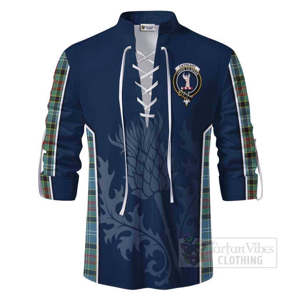 Tartan Vibes Clothing Cathcart Tartan Ghillie Kilt Shirt with Family Crest and Scottish Thistle Vibes Sport Style