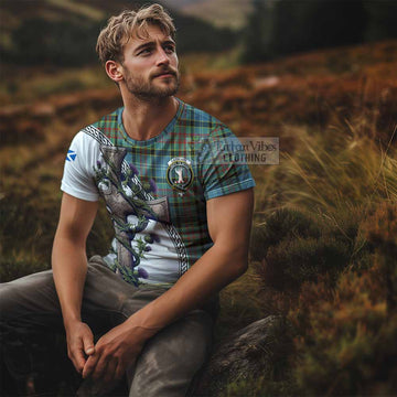 Cathcart Tartan T-Shirt with Family Crest and St. Andrew's Cross Accented by Thistle Vines