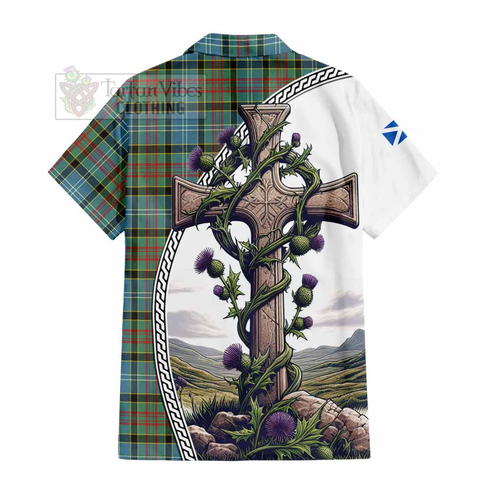 Tartan Vibes Clothing Cathcart Tartan Short Sleeve Button Shirt with Family Crest and St. Andrew's Cross Accented by Thistle Vines