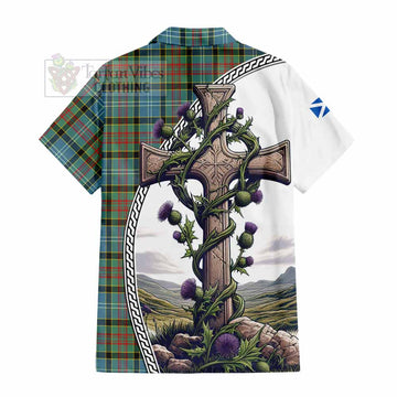 Cathcart Tartan Short Sleeve Button Shirt with Family Crest and St. Andrew's Cross Accented by Thistle Vines