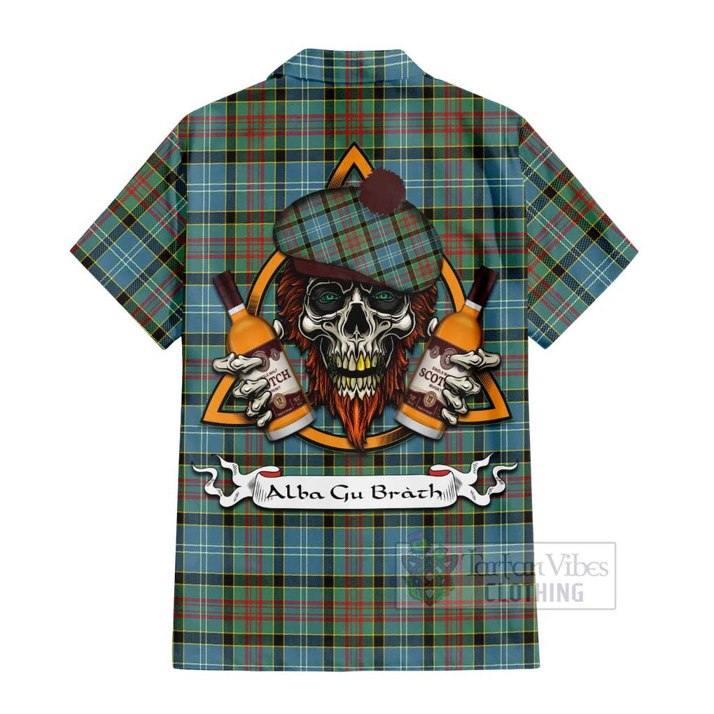 Tartan Vibes Clothing Cathcart Tartan Short Sleeve Button Shirt with Family Crest and Bearded Skull Holding Bottles of Whiskey